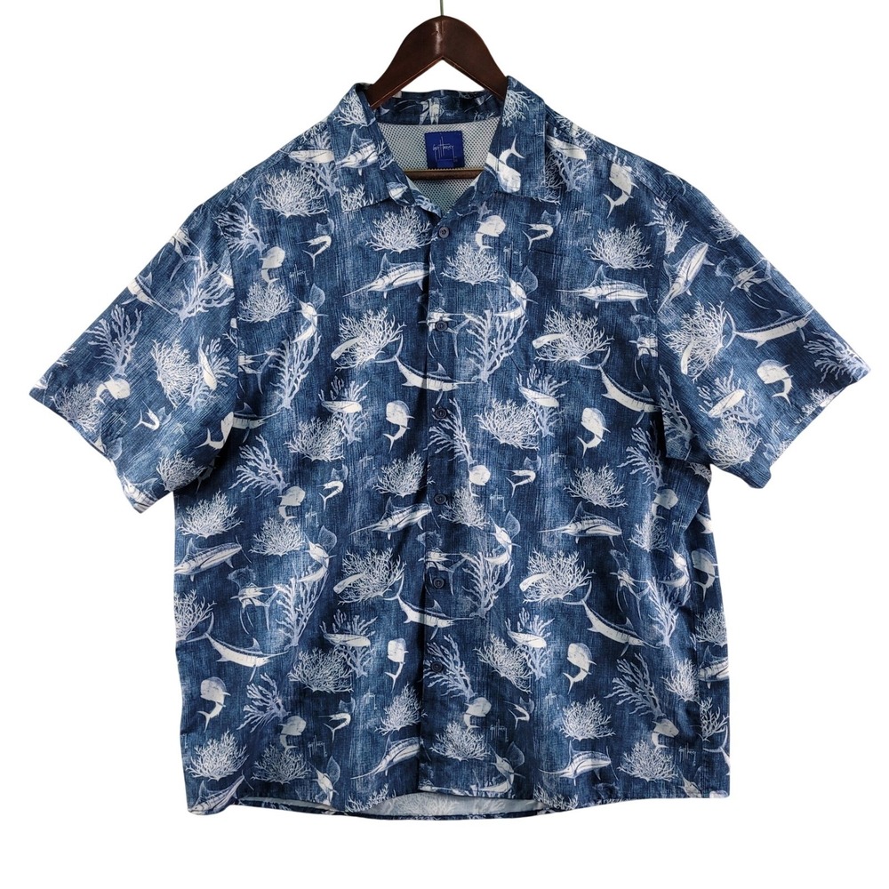 Guy Harvey Fishing Shirt Mens XXL Blue Excellent Short Sleeve Marine Print Vent